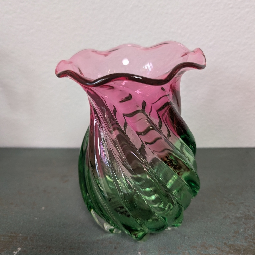 Vintage Teleflora Pink Green Watermelon Hand Blown Art Glass Ruffled Vase - Picture 6 of 10